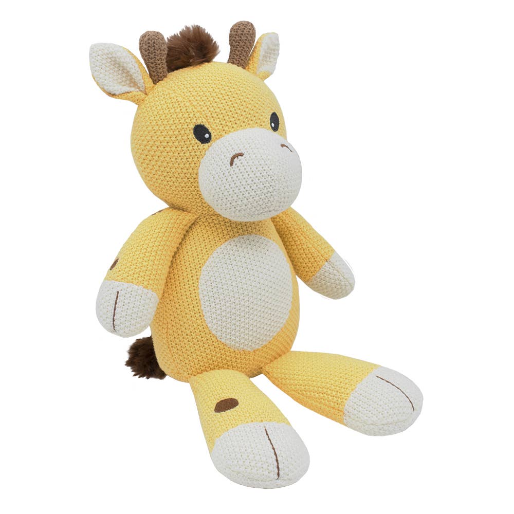 Crocheted giraffe toy on a white background