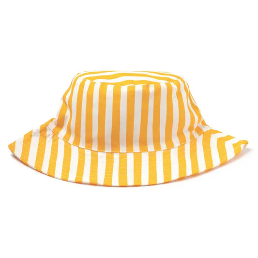 A yellow and white striped baby cotton hat on a white background.